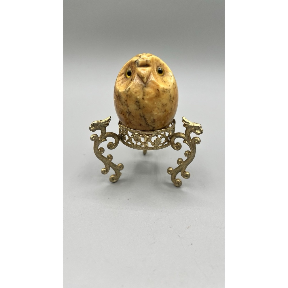 Vintage Alabaster OWL hand carved in Italy c1970 In Stand‎